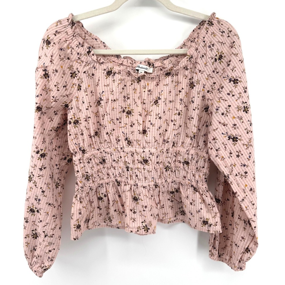 Madewell Blouse Womens XS Pink Floral Smocked Waist Peplum Top Cottagecore Indie